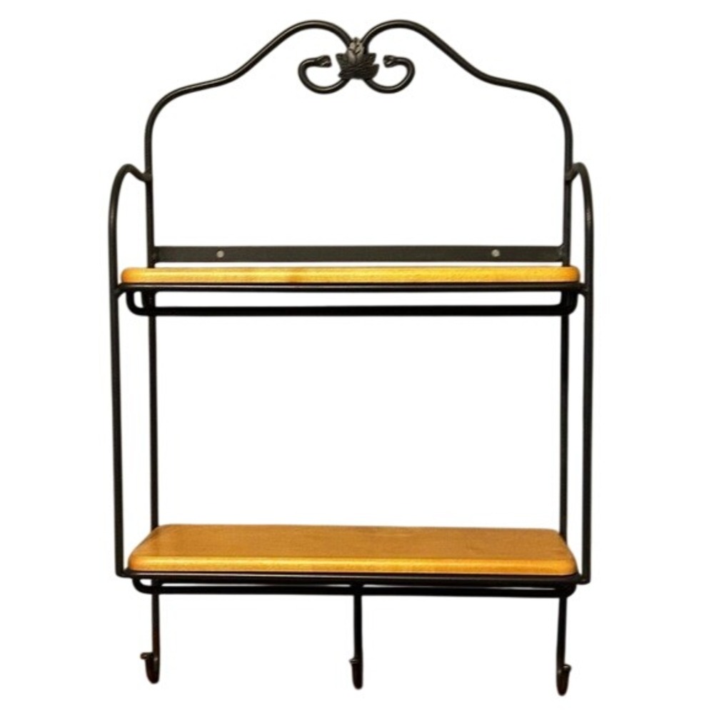 Longaberger Wrought Iron 2 Tier Wall Shelf with Wood Shelves and 3 Hooks Black